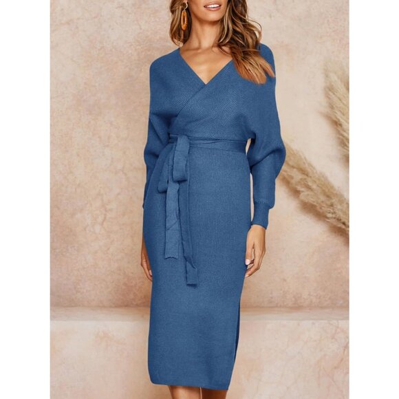 Women's Sweater Dress Wrap Batwing V Neck Slit Bodycon Dress Jeans Blue - Picture 5 of 7